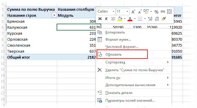 Обновление сводной таблицы